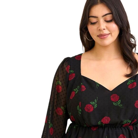 TORRID Plus Size New Peplum Chiffon Clip Dot Floral Rose Puff Sleeve Top. - Picture 5 of 16
